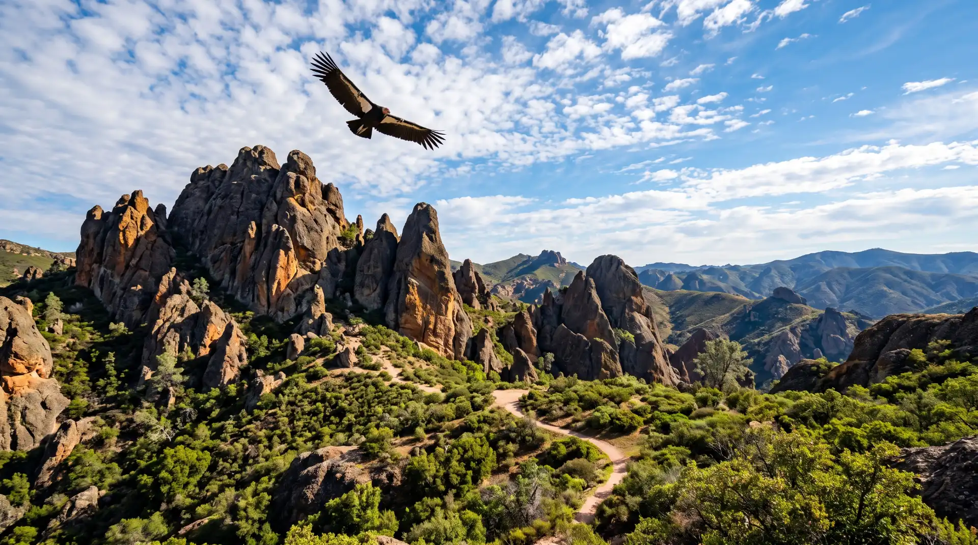 condor soaring over pinnacles