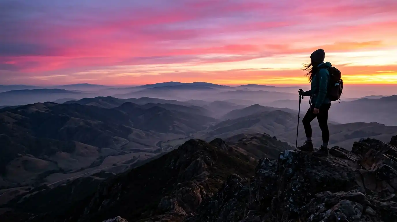 explorer atop mountain ridge sunset