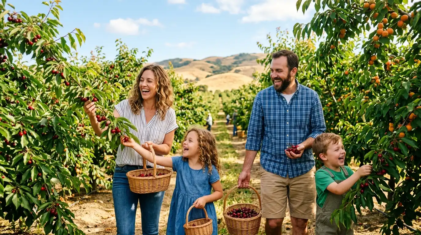 family picking organic fruits