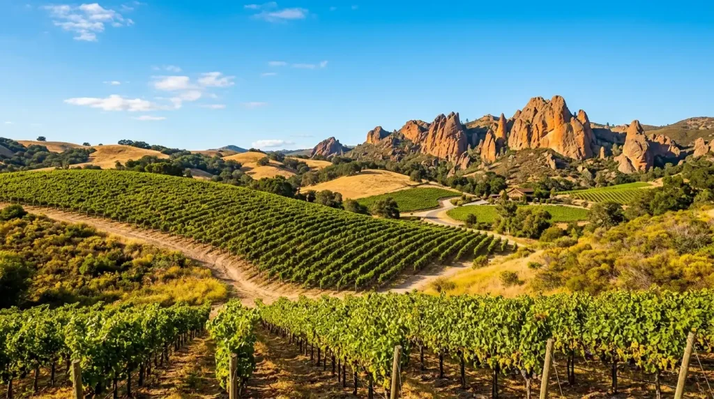 vineyard hill with volcanic spires