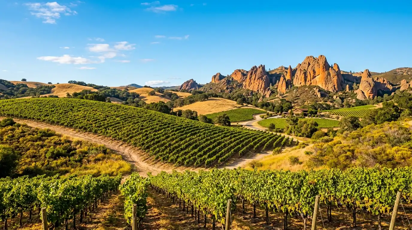vineyard hill with volcanic spires